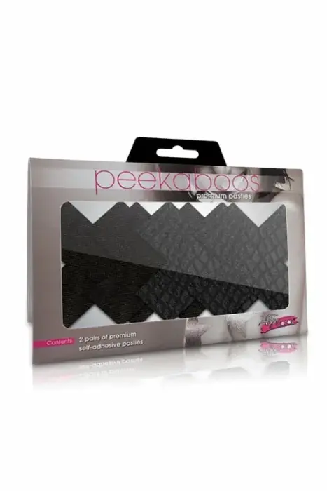 Peekaboos Pasties Classic Black X – self-adhesive nipple pasties – satin & faux snakeskin – black