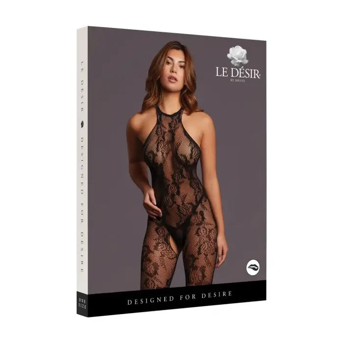 Matilda Lace Mesh Bodysuit with Open Crotch – One Size – Black