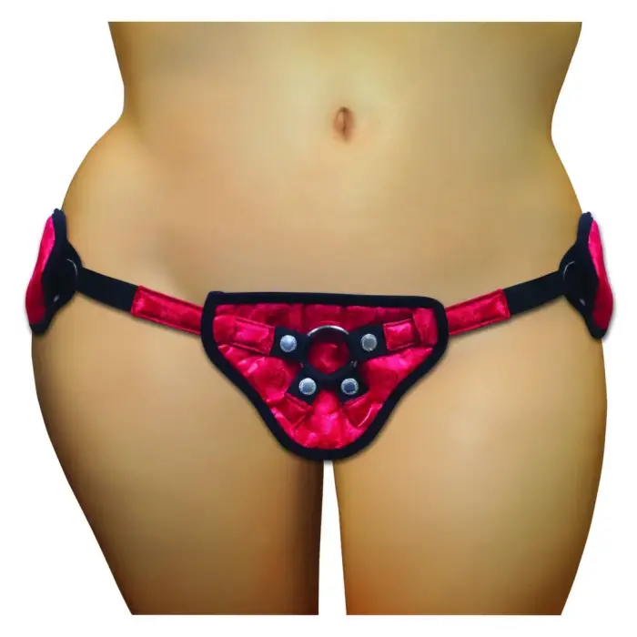 Sportsheets Sunset – plus-size lace corsette strap-on harness – red
