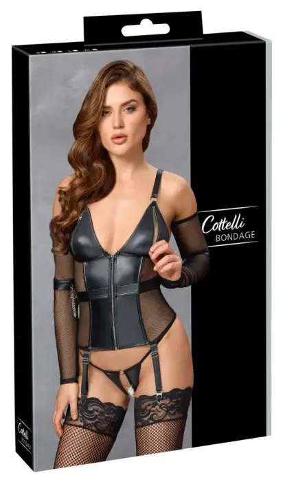 Cottelli Bondage – комплект баска из матовой ткани и сетки с фиксаторами для рук – чёрный – XL