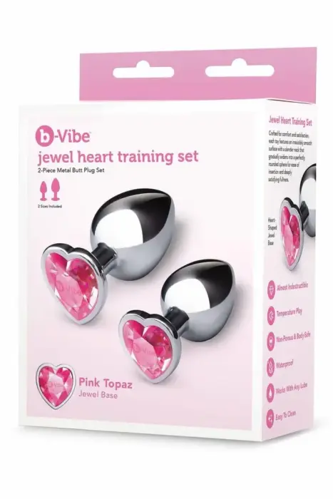 b-Vibe Jewel Heart – металлический набор анальных пробок с розовым сердечком – 2 шт. – цинковый сплав