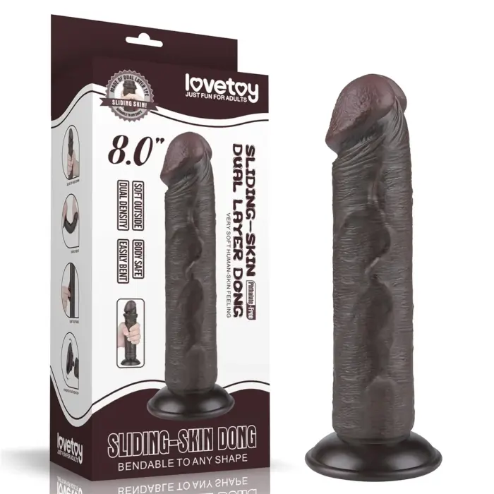 LoveToy Sliding Skin Dual Layer Dong – reālistisks divslāņu dildo – TPE – melns – 20,3 cm