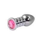 Silver Ribbed Butt Plug with Pink Crystal – L – Red — Photo 1
