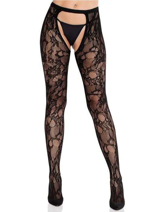 Rose lace crotchless tights with open back