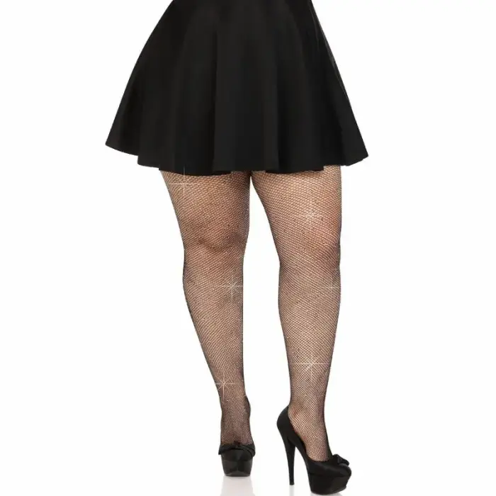 Leg Avenue Colby Plus Size Mesh Stockings with Rhinestone Accents – Black – Plus size