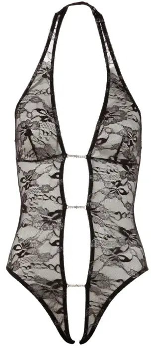 Abierta Fina mežģīņu bodijs ar kristālu ķēdītēm un atvērtu starpkāju – melns – S Foto 9