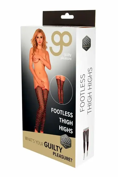 Guilty Pleasure GP Printed Footless Thigh Highs – Printed Datex ilma jalata reiekõrgused zeķed punase avatüpi mustri ja Kuuba õmblusega – mustad/punased – Suurus: M
