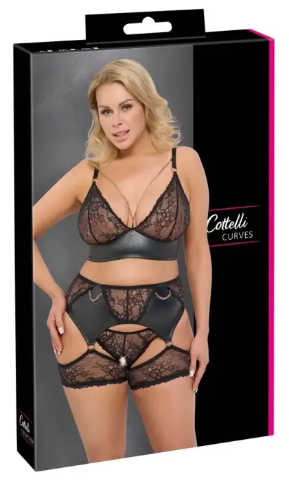 Cottelli CURVES 3-Piece Lace Bra Set with Suspenders – Black – 3XL