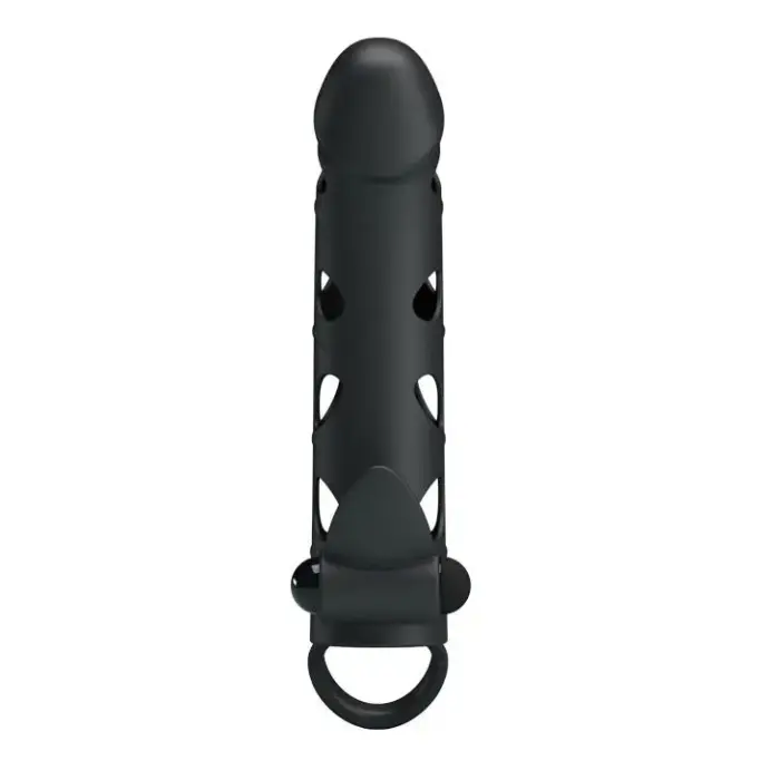 PRETTY LOVE – vibruojanti varpos rankovė su sėklidžių juosta – 17 cm – juoda
