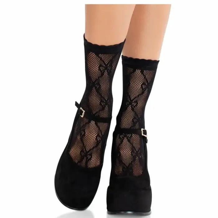 Leg Avenue Bow Lace ankle socks, fishnet – black – one size