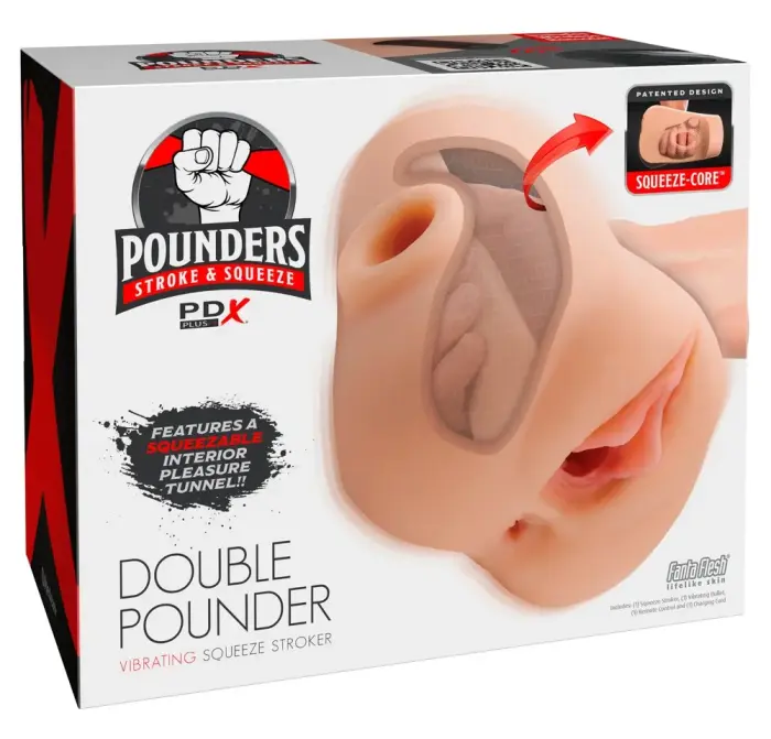 PDX Plus Pussy Pounder – vibrējošs saspiežams masturbators vagīna un anuss ar pulti