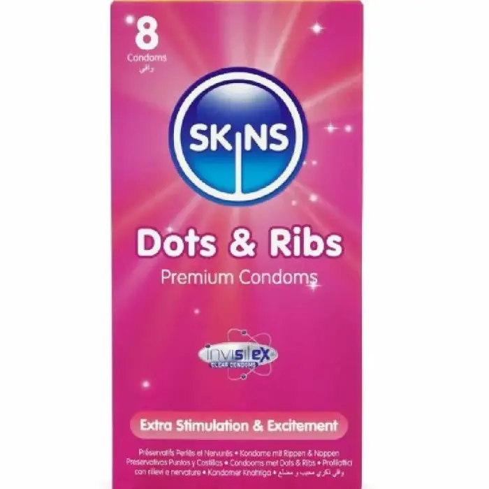 Skins Dots & Ribs Premium tekstuuriga latekskondoomid – 8 tk – Vanilje