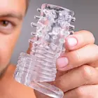Vibrējoša teksturēta erekcijas uzmava – 9 cm (3.5″) – Caurspīdīgs — Foto 3