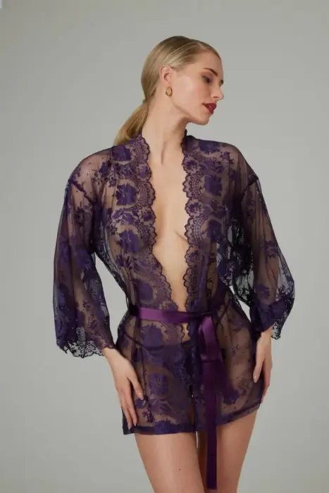 Christine Lace Kimono Graceful Purple - Elegant Sheer Robe with Belt