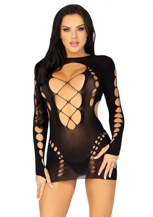 Mini Dress with Faux Lace Up Detail – Black – One Size