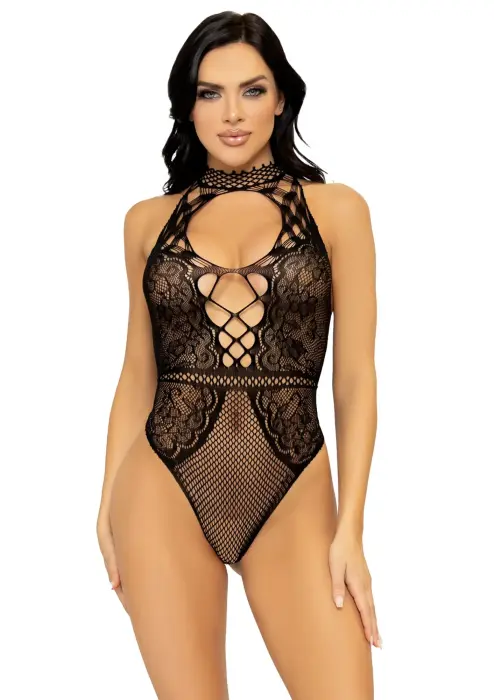 Net and Lace Keyhole Bodysuit – Black – One Size
