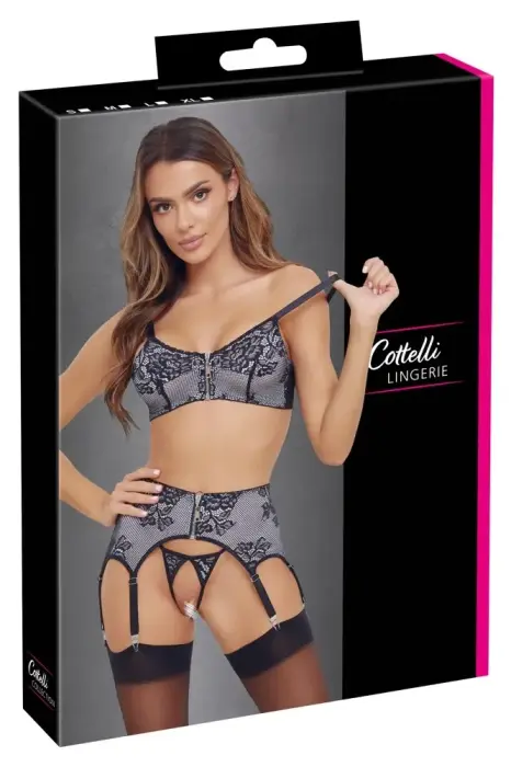 Cottelli Lingerie Set Black/White – M – Adjustable Trio with Zipper Details