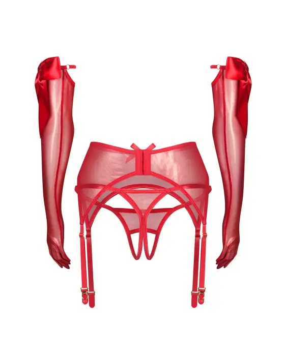 Gifty Red 3 daļu komplekts – zeķturu josta, stringi ar atvērumu un garie cimdi – sarkans – S/M