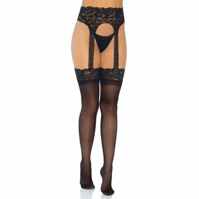 Leg Avenue necaurspīdīgas zeķes ar augstu jostasvietu un mežģīņu zeķturi – One size – melnas