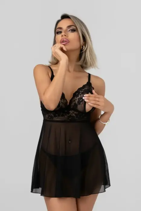 Christine Babydoll Tina Black - Elegant Lace Nightwear, A-Line Design