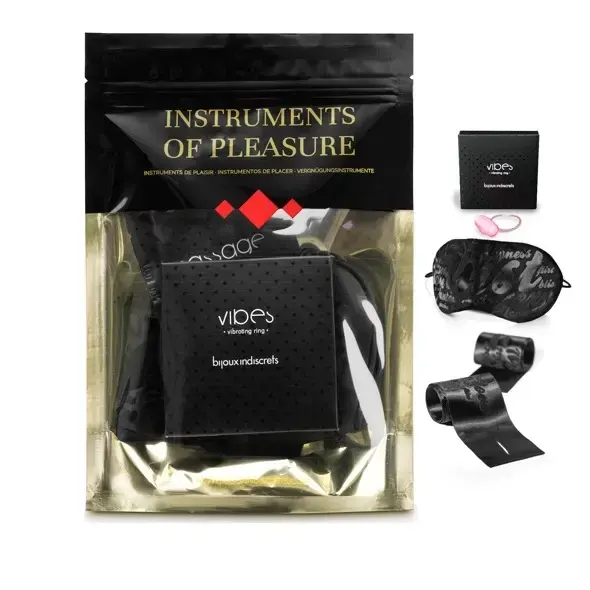 Bijoux Indiscrets Instruments of Pleasure set – red – vibrating ring, satin mask & ties