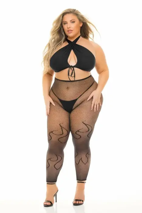 Gives You Hell – 3-piece halter top, thong and net leggings set with flame print – plus size – black