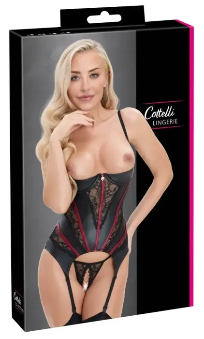 Cottelli LINGERIE shelf-bra basque & lace string – black/red – XL