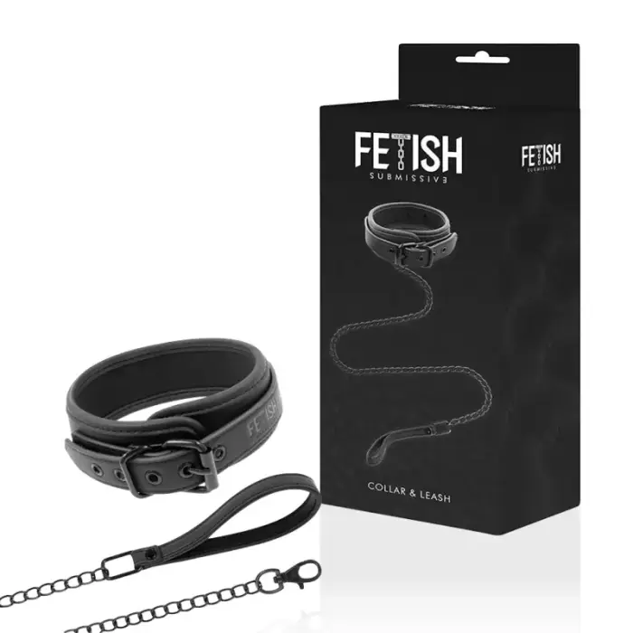 Fetish Submissive Neoprene Collar with Nickel-Free Chain & Leash – Black