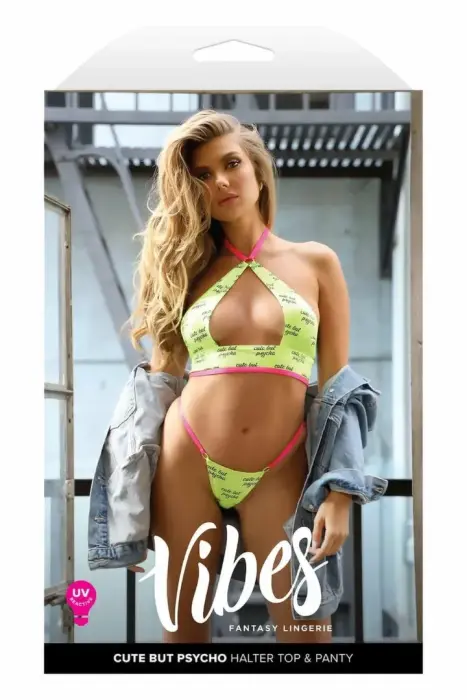Fantasy Lingerie Cute But Psycho – УФ-реактивный топ-халтер с замочной скважиной и трусики – жёлтый – размер L/XL