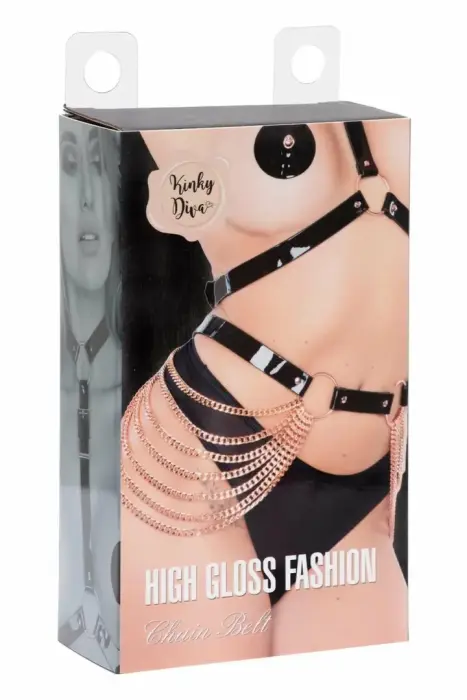 Kinky Diva blizgus grandininis diržas su rausvo aukso detalėmis iš veganiškos odos, reguliuojamas