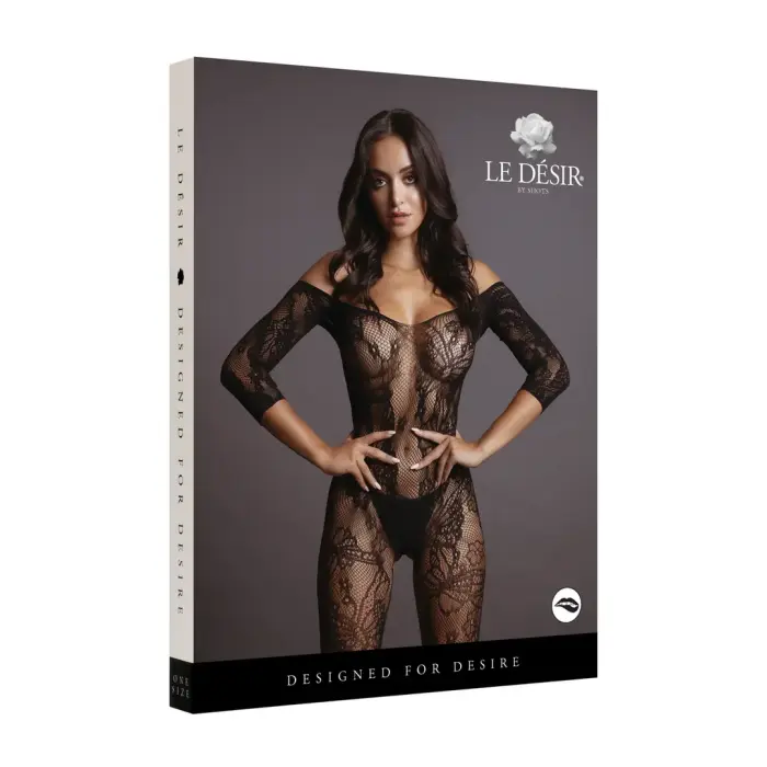 Сетчатое боди с кружевными рукавами – чёрное – One size