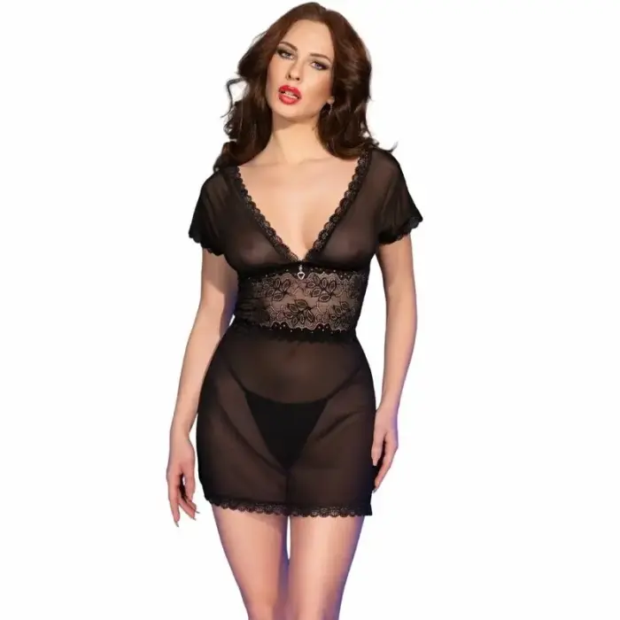 Chilirose CR 4830 – caurspīdīga tilla babydoll ar mežģīnēm un stringi – melns – L