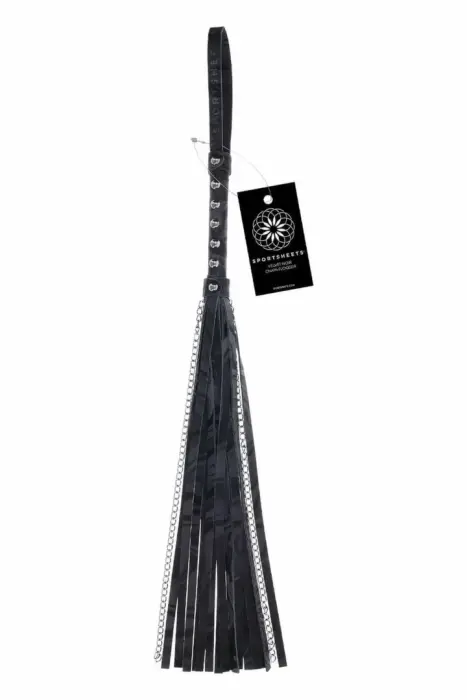 Sportsheets Velvet Noir Chain Flogger – kunstnahkne ja hematiitahela flogger – 43 cm