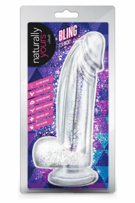 Blush Naturally Yours Bling mirdzošs dildo ar piesūcēju – 19 cm, caurspīdīgs