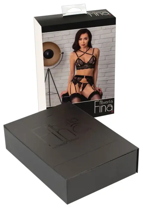 Abierta Fina mežģīņu krūštura komplekts ar zeķturiem un stringiem bez starpkauna – melns – M Foto 14