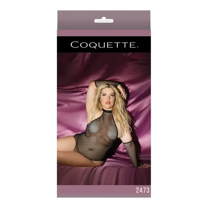 Fetish сетчатое боди с перчатками – Plus size – чёрный