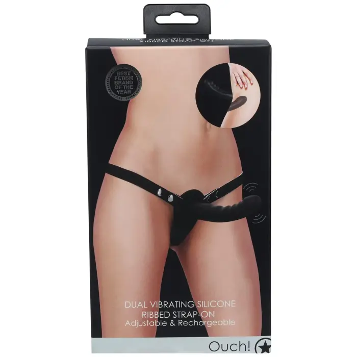 Ouch! Двойной ребристый страпон-вибратор – 15.5 cm (6″) – черный