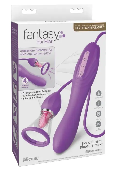 Fantasy For Her Ultimate Pleasure Max vibrators ar laizošu mēlīti un piesūcekni – 23 cm (9″) – daudzkrāsains