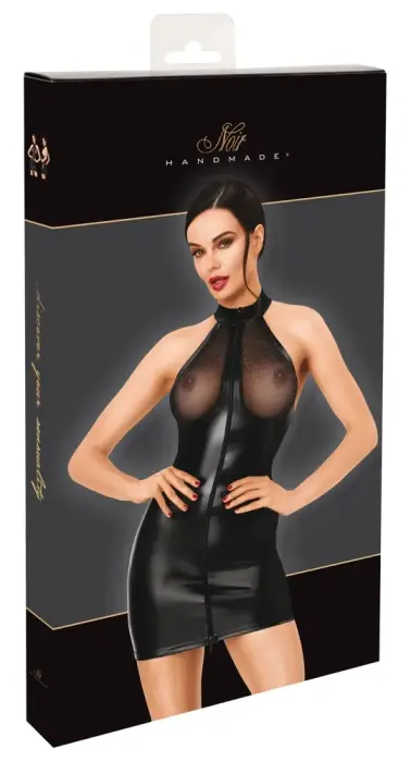 Noir Handmade – мини-платье из powerwetlook с халтером и прозрачными мерцающими чашками – чёрное – M