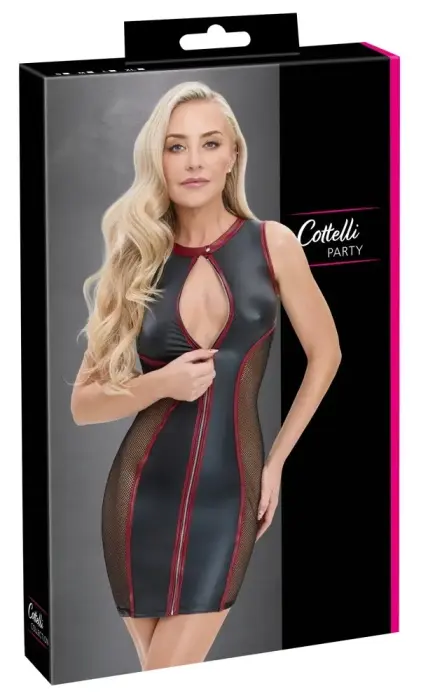 Cottelli Party – матовое мини-платье с сетчатыми вставками и молнией – чёрное/красное – S