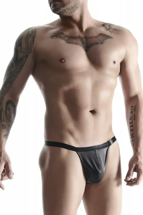 Men's Wet Look Thong with Decorative Fastening – Black – S