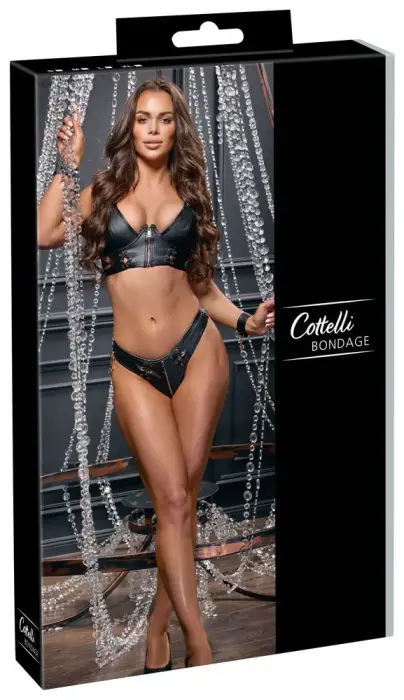 Cottelli BONDAGE BH Set – imitation leather set: underwired bra, thong and soft handcuffs – black/gold – S