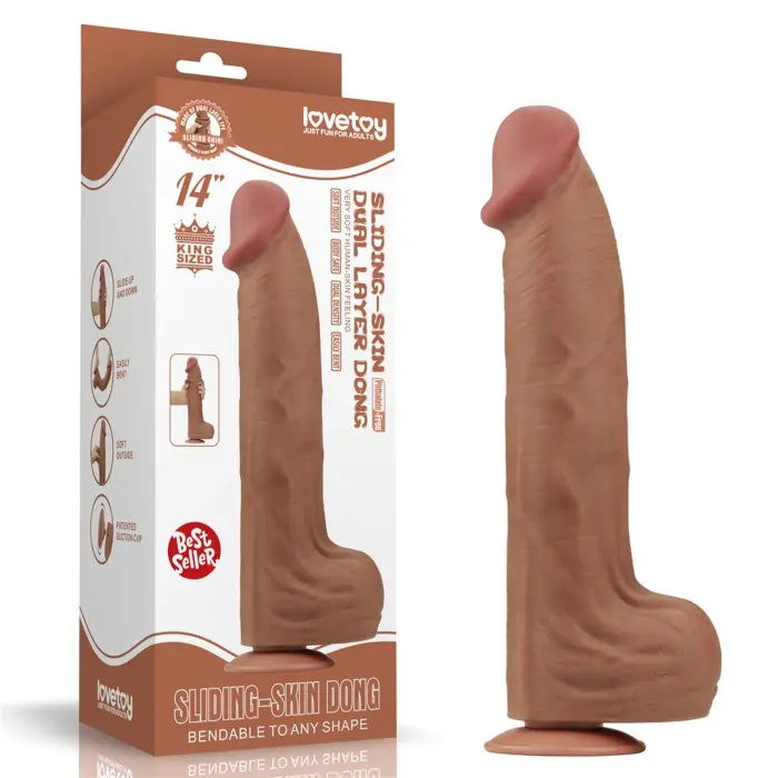 LoveToy – дилдо king size со скользящей кожей из двух слоёв – коричневый – 35,6 см