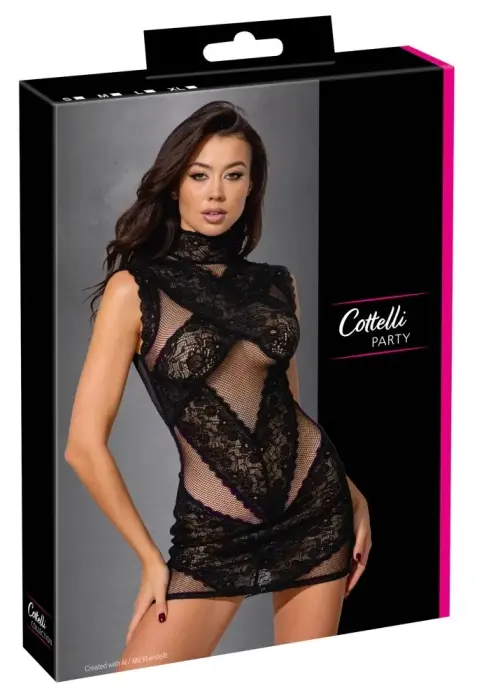 Cottelli PARTY Dress with Lace – black net & floral lace mini dress – sleeveless – L