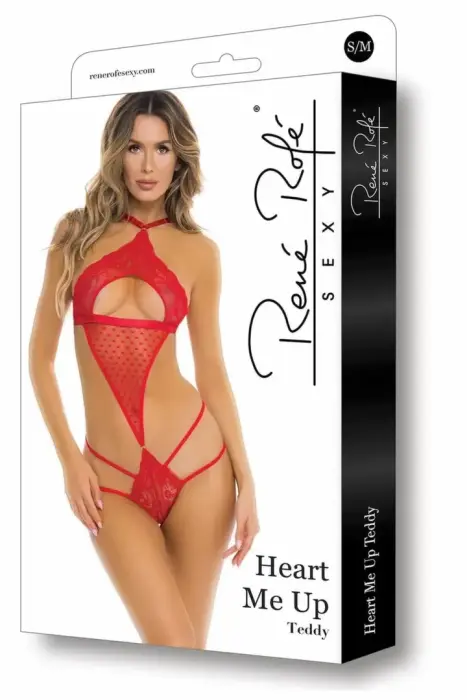 Heart Me Up Teddy – elegant lace bodysuit with adjustable straps and open-back design – red – Size: M/L