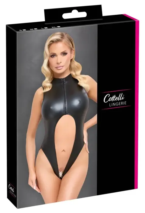 Cottelli Lingerie Sleeveless Matte Zip Bodysuit with Open Crotch – Black – XL