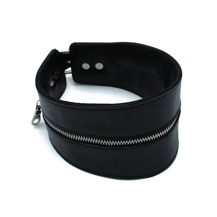 Black Leather High-Neck Collar with Zipper
