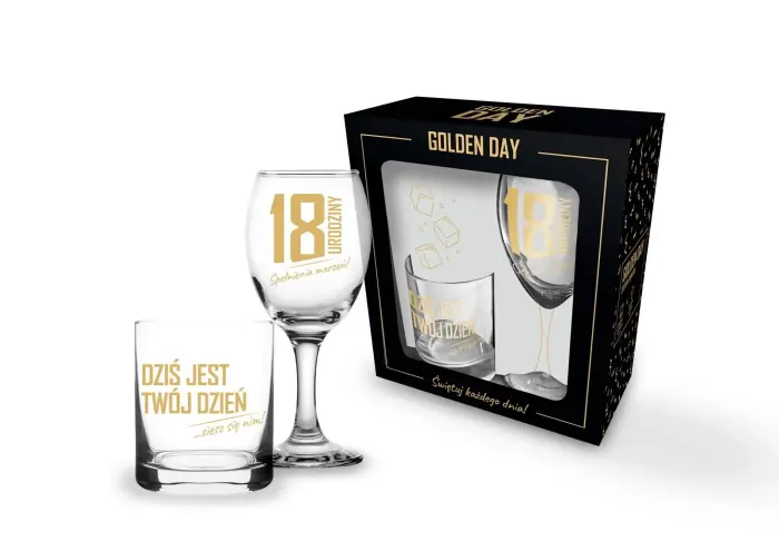 GOLDEN DAY kinkekomplekt – viskiklaas + veiniklaas – 18. sünnipäev