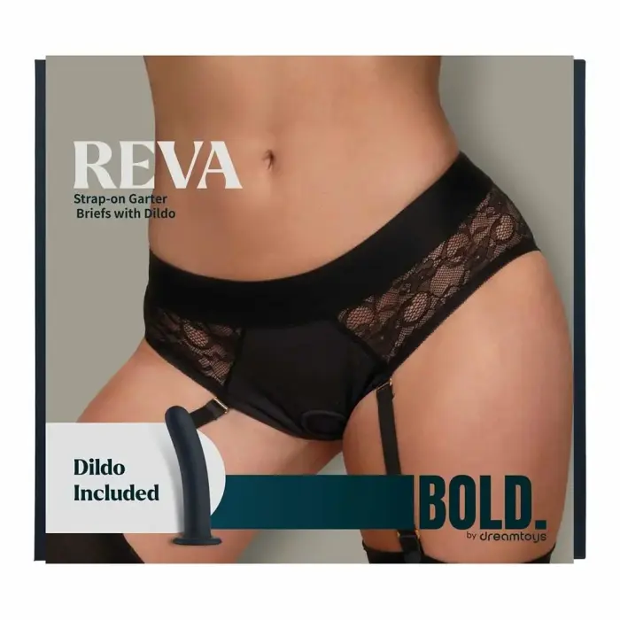 BOLD. REVA Strap-On Garter Brief – lace brief with silicone attachment – black – size XXL
