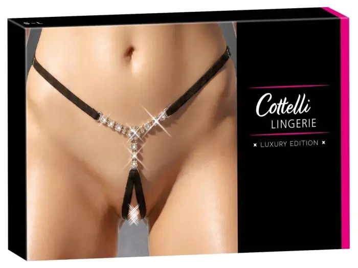 Cottelli LINGERIE String S-L Black Adjustable Rhinestone Detail